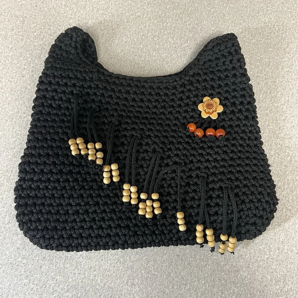 Black Crochet Knit Hobo Sack Beaded Handbag Flower Purse Zip‎ And Inside Pocket